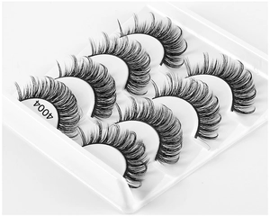 Detailed view of model 4004 dense black synthetic eyelashes in a 3-pair set package