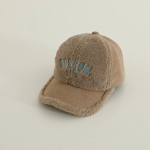 Detailed view of BOSTON 1630 embroidery on khaki lamb velvet and corduroy baseball cap