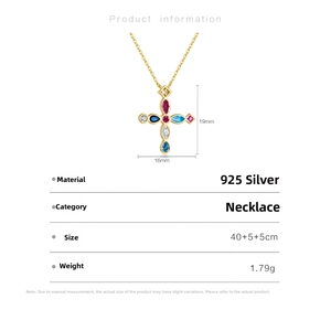 Detail view of 925 silver cross necklace with colored stones and product dimensions
