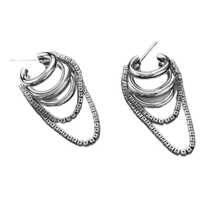 Silver needle multi-layer hoop earrings with sparkling tassel chains for women