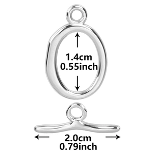 Polished silver stainless steel OT clasp set with detailed dimensions in cm and inches