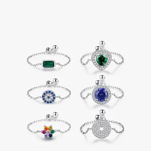 925 Sterling Silver Zirconia Adjustable Chain Ring For Women Minimalist Geometric Heart Star Flower Fashion Jewelry Finger Ring