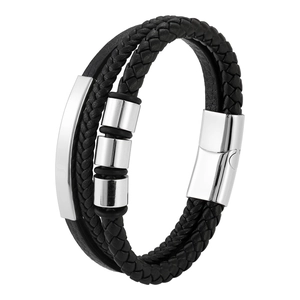 Men's multilayer black braided leather bracelet with silver magnetic clasp and metal beads