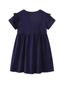 Dark blue short sleeve girls princess dress with cute ruffle sleeves and A-line cotton skirt