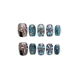 Handmade cat silhouette and firework pattern cat-eye false nails in dark blue and taupe
