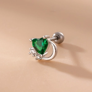 Macro detail of a green heart zircon stud earring with silver screw back and small diamonds