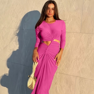 Sexy Long Sleeve Hollow Out Ruched Maxi Dress Twist Waist Cut Out Side Slit Bodycon Elegant Evening Gown For Women