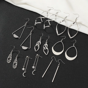 Geometric Alloy Dangle Earrings For Women Hollow Out Multi Layer Leaf Star Moon Teardrop Shape Silver Color Fashion