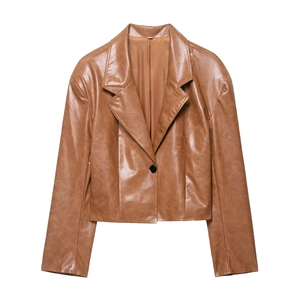 Damen Kurzjacke aus braunem PU-Leder mit Reverskragen und einem Knopf im Blazer-Stil