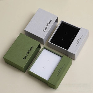 Detail of drawer jewelry gift boxes with Best Wishes print and faux leather texture