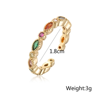 Detail view of gold rainbow zircon ring with 1.8cm diameter and 3g weight specifications