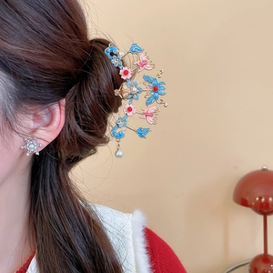 Détails de l'épingle à cheveux papillon cloisonné vintage et boucles d'oreilles perles flocon