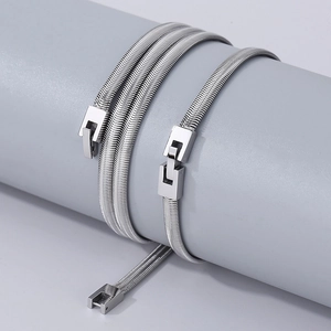 Flat silver stainless steel snake chain necklace with a secure folding clasp closure