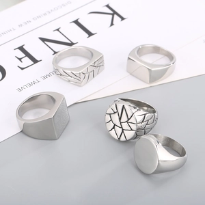 Flat lay of geometric stainless steel rings in minimalist and industrial styles