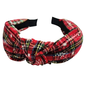 Christmas plaid headband with red snowflakes and top knot design on white background