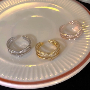 Minimalist double-layer crossover zircon rings in silver, gold, and rose gold finishes