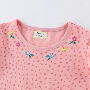 Pink polka dot girl's dress with floral embroidery and round neck sweet princess style