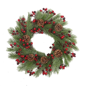 Classic Christmas wreath with green pine needles, red berries, and natural brown pinecones