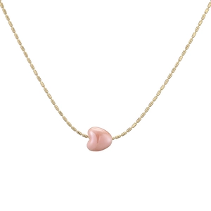 Elegant gold bamboo chain necklace featuring a smooth 3D pink heart ceramic bean pendant
