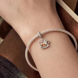Exquisite S925 sterling silver snake chain bracelet featuring a coffee cup charm pendant