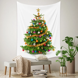 Detail of Christmas tree tapestry hanging on a cozy living room wall for home decoration