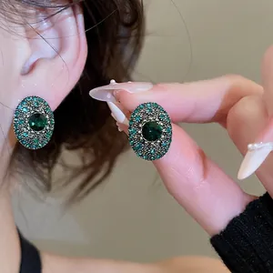 Vintage Oval Green Rhinestone Earrings With 925 Sterling Silver Earring Post Retro Palace Style Jewelry For Women