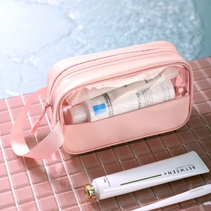 Pink waterproof clear travel makeup bag with PVC window and smooth zipper handle