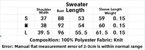 Guide des tailles détaillé et spécifications du tissu pour ce pull en tricot