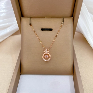 Dancing Stone Pendant Necklace Rose Gold Plated Titanium Steel Chain Copper Micro Inlaid Zircon Bowknot Elegant For Women