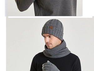 Detail of grey winter knit set showing thick ribbed texture and leather patch on the beanie