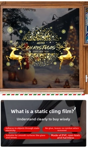Close-up of golden reindeer static window stickers with Merry Christmas greeting