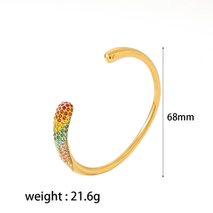 Elegant gold-tone titanium steel open cuff bracelet with colorful gradient rhinestones