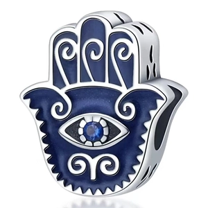Silver Hamsa Hand charm with deep blue enamel and a blue zircon center stone