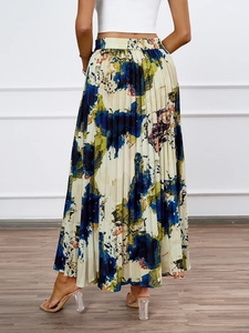 Detailed back view of a high-waisted pleated midi skirt with abstract oil painting print