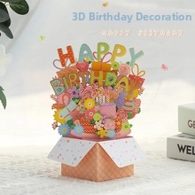 Detailed view of 3D Happy Birthday pop-up card featuring colorful flowers and gift box