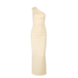 Detailed view of the ruched texture and one-shoulder cut on a beige bodycon maxi dress
