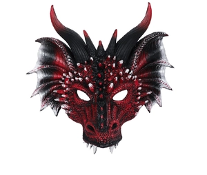Detailed view of red and black dragon mask with realistic scale textures and sharp horns