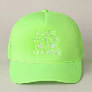 Macro shot of neon green trucker hat with SAVE WATER DRINK MARGS embroidery and rope detail