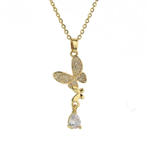 Gold butterfly necklace with micro-paved zircon stones and crystal water drop pendant