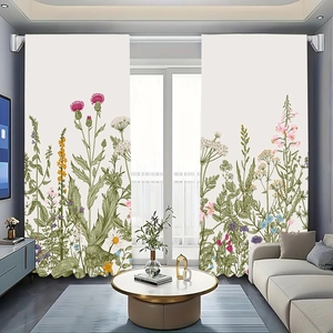 Detail of floral printed curtains showing hand-painted botanical patterns and colorful wildflowers
