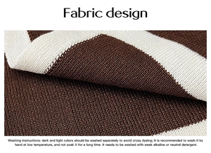 Detail of brown and white striped knit fabric and garment washing instructions