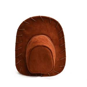 Brown suede cowboy hat with stitched brim detail, minimalist style on white background
