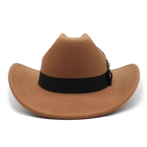 Détail d'un chapeau en feutre de laine marron avec ruban noir, plume et boucle en métal