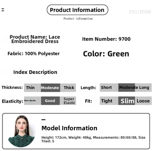 Größentabelle und Materialdetails für grünes Spitzenkleid mit Stickerei und Laternenärmeln