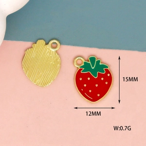 Detailed view of 15mm strawberry alloy charms showing front and back with measurements