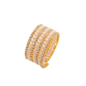 Elegant gold-plated multi-layer pearl and rhinestone open bangle bracelet for women