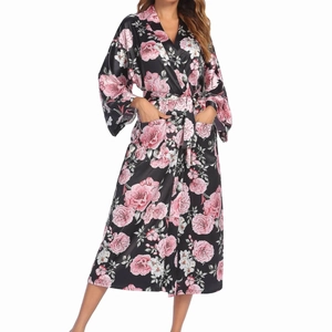 Black silk-like floral long robe for women with kimono sleeves and matching waist tie