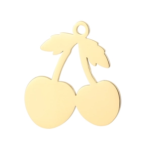 Detailed view of a golden cherry hollow pendant in polished titanium steel