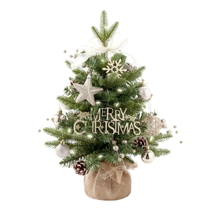 Mini Christmas tree with burlap base, LED lights, pine cones and festive ornaments