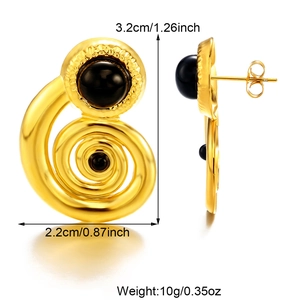 Detailed view of vintage gold spiral earrings with black beads showing dimensions and weight